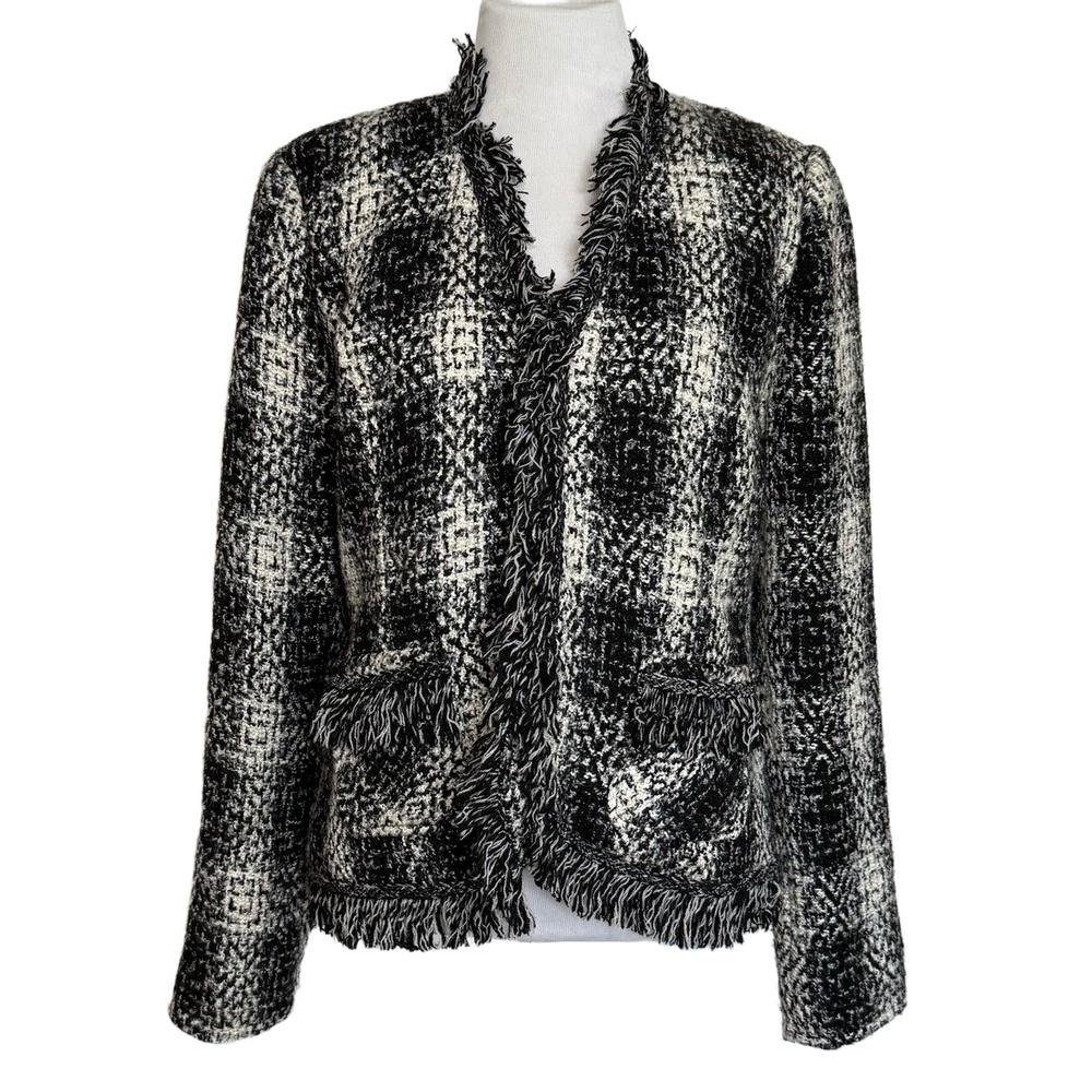 Vintage CAbi Jacket Womens Size 6 Black Cream Fringe‎ Plaid Lined Unique